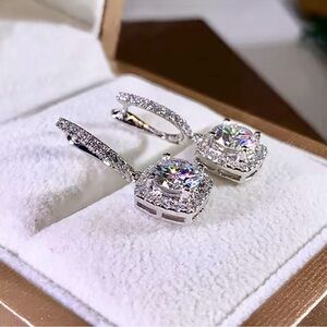 Cubic Zirconia Silver-Toned Cushion-Cut Halo Drop Earrings